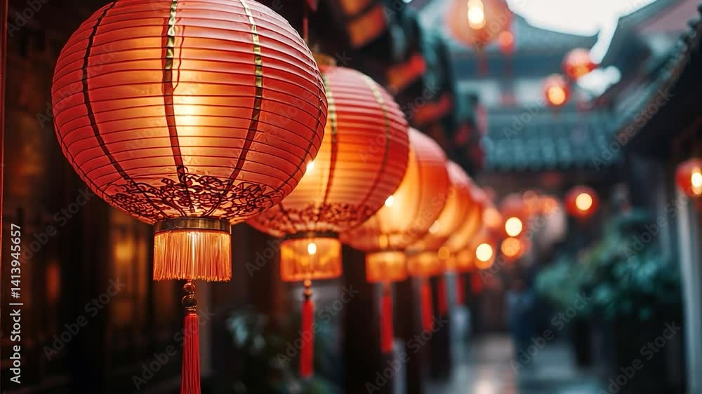 Red lanterns illuminate ancient Chinese alley Red lanterns illuminate ancient Chinese alley