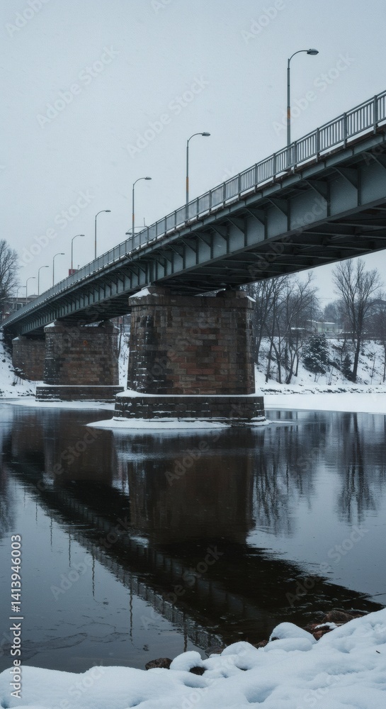 Fototapeta premium Winter Bridge: Steel Structure Reflecting on Calm, Snowy River
