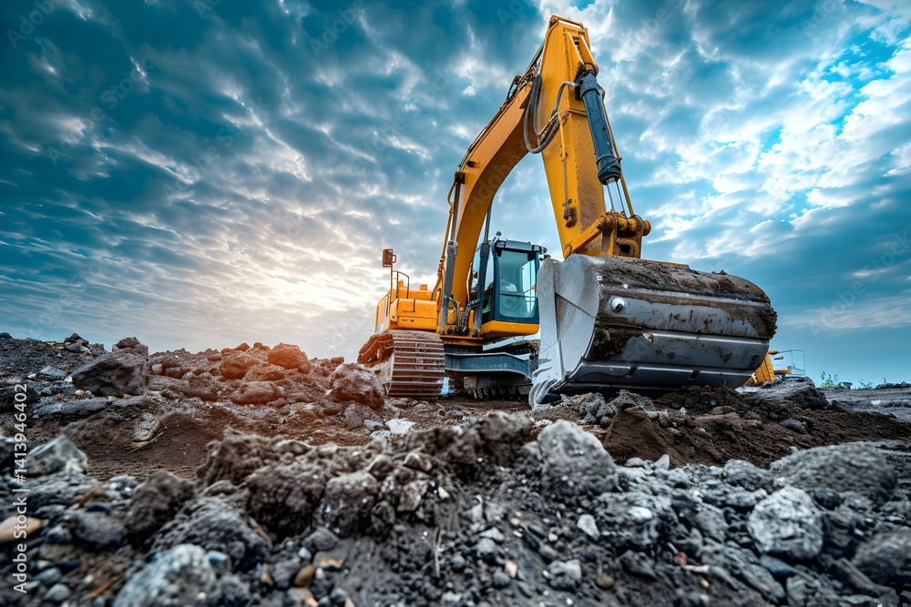 A large yellow excavator operating under a cloudy blue sky A large yellow excavator operating under a cloudy blue sky