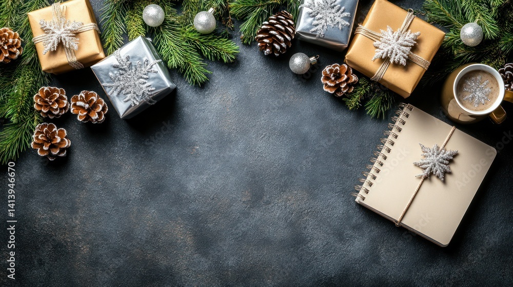 Festive Christmas gifts and decorations arranged on a dark stone surface. A notebook and coffee cup are included, creating a warm and inviting Christmas scene Festive Christmas gifts and decorations arranged on a dark stone surface. A notebook and coffee cup are included, creating a warm and inviting Christmas scene