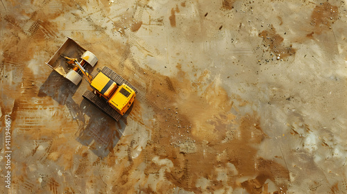 Yellow construction vehicle working on a large dirt construction site