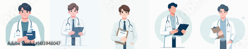 Vector set of a male doctor holding a note