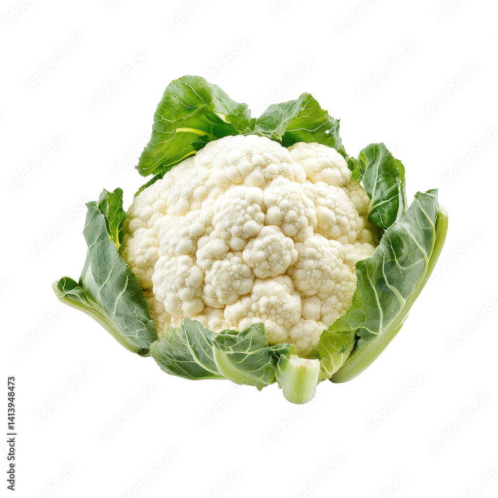 Fresh cauliflower with green leaves on white background highlighting its texture and color, Cauliflower on white background Fresh cauliflower with green leaves on white background highlighting its texture and color, Cauliflower on white background