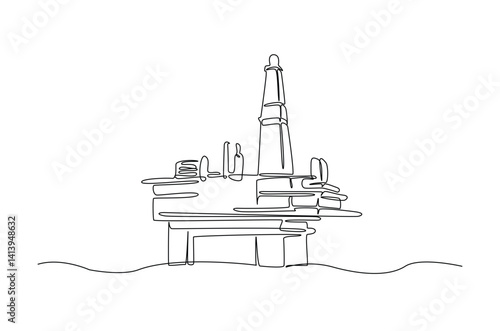 Offshore oil rig in continuous one line drawing. Single line art illustration of ocean petrol drilling platform. Editable vector.
