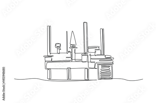 Offshore oil rig in continuous one line drawing. Single line art illustration of ocean petrol drilling platform. Editable vector.