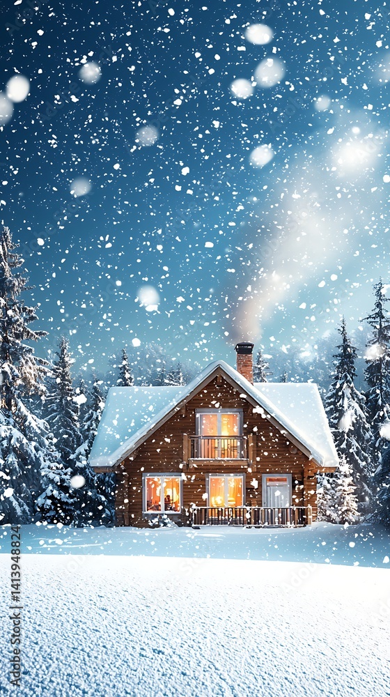 Fototapeta premium Cozy snowy cabin with lights and smoke, amidst a winter forest