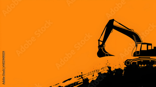 A black excavator silhouette working against an orange background