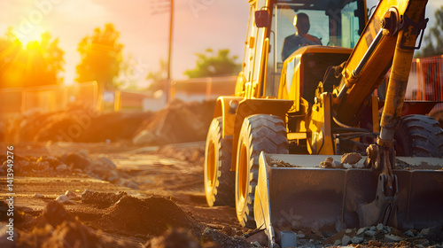 Yellow construction vehicle operating at a building site during sunset