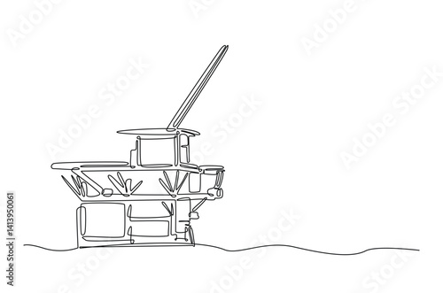 Offshore oil rig in continuous one line drawing. Single line art illustration of ocean petrol drilling platform. Editable vector.