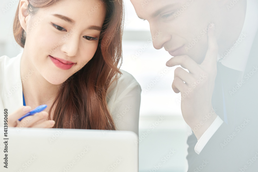 Business Woman and Man Teamwork at Office Desk Business Woman and Man Teamwork at Office Desk