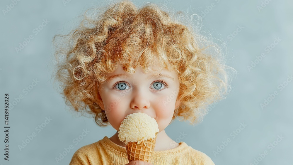Fototapeta premium Happy toddler enjoys strawberry cheesecake ice cream in clean studio setting