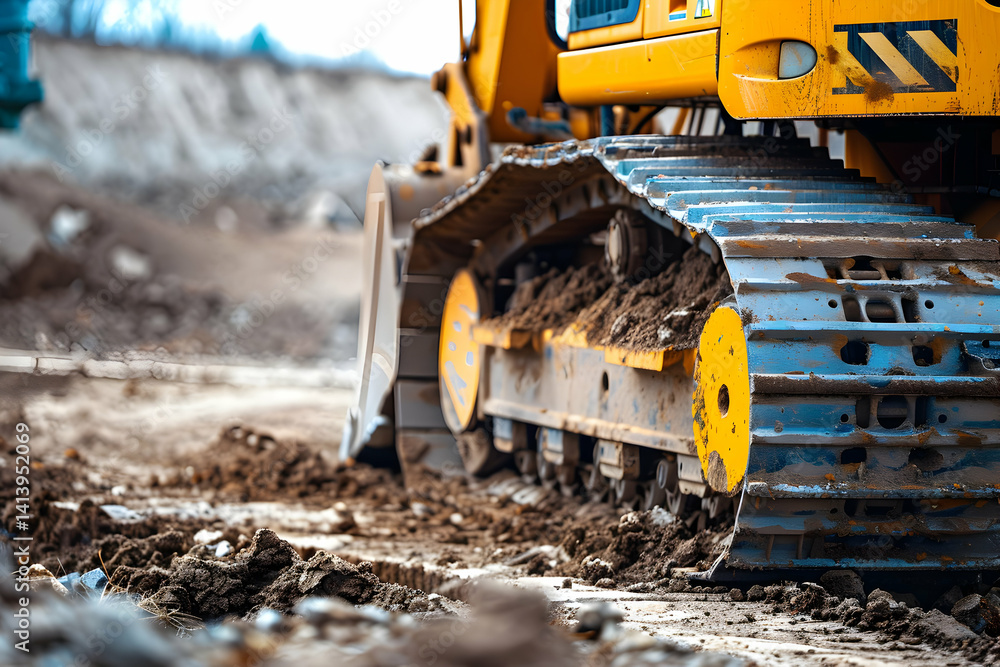 Close up of a yellow construction vehicle and its track Close up of a yellow construction vehicle and its track