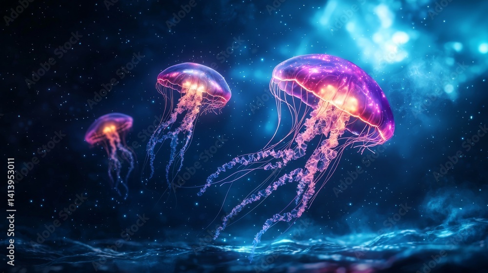 Fototapeta premium Ethereal jellyfish floating in a cosmic ocean