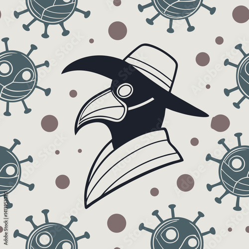 Seamless vector pattern featuring plague doctor and viruses  