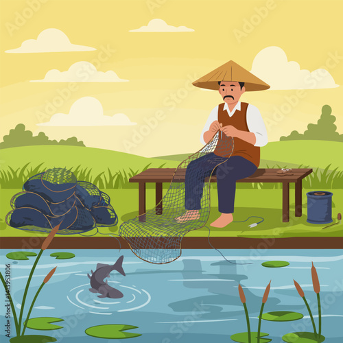 Fisherman Mending Fishing Net Near Pond at Daytime