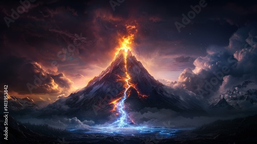 Majestic volcanic eruption with fiery lava and electric storm