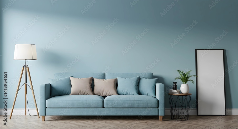 Fototapeta premium Modern interior design of living room with light blue walls with empty places for texts