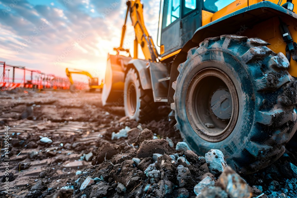 Fototapeta premium A large construction vehicle working in an active building environment