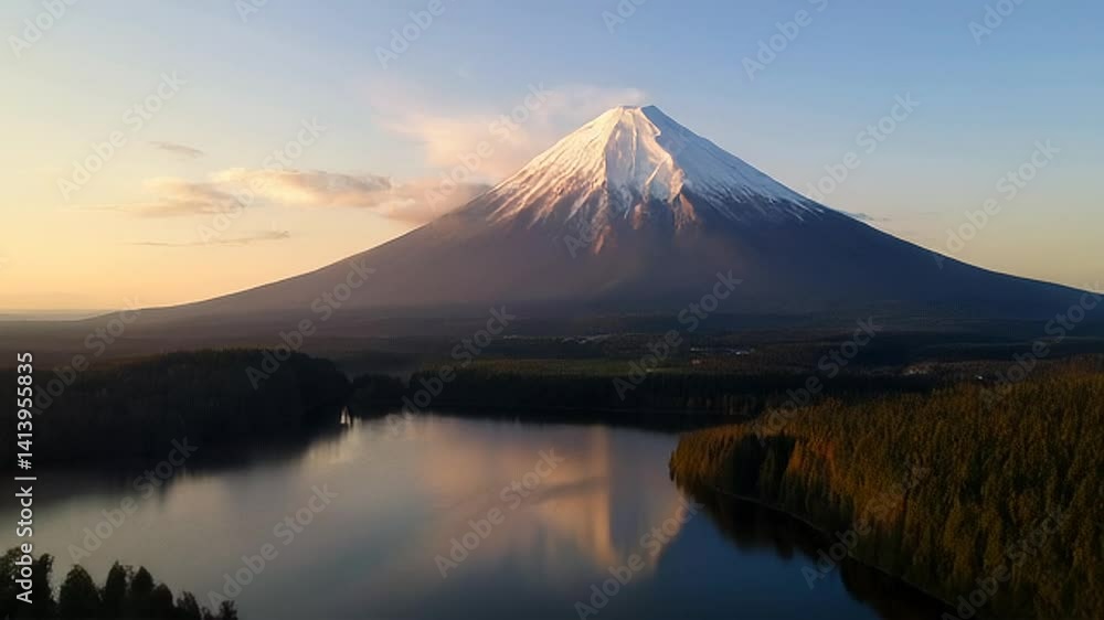 Aerial View of Snow Capped Mountain and Forest Lake at Sunset Aerial View of Snow Capped Mountain and Forest Lake at Sunset