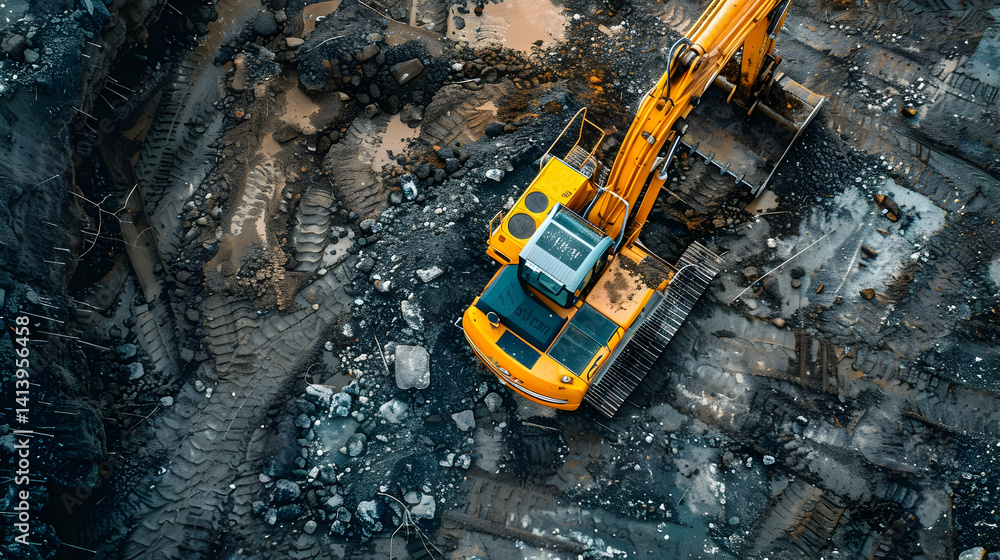 An overhead view shows a yellow excavator in a construction site An overhead view shows a yellow excavator in a construction site