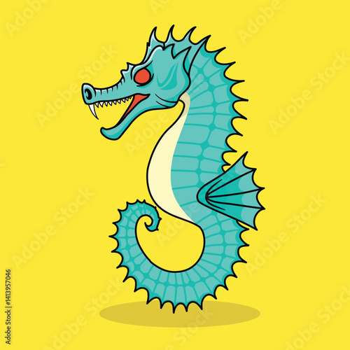 fanged seahorse red eyes cartoon flat illustration, isolated sea creature concept, flat cartoon style