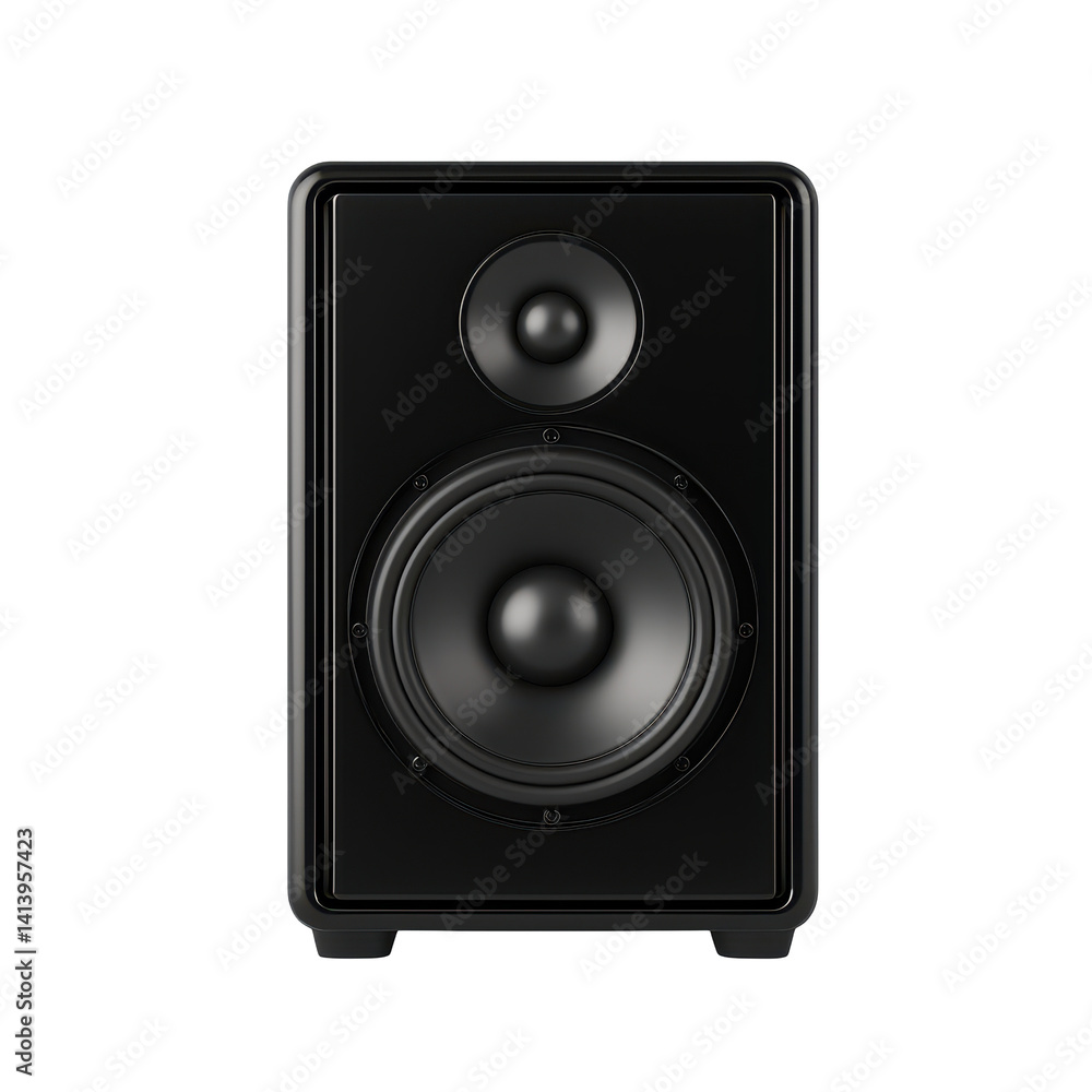 Modern black professional studio monitor speaker with high fidelity sound isolated design for music production and audio playback in different environments on transparent background Modern black professional studio monitor speaker with high fidelity sound isolated design for music production and audio playback in different environments on transparent background