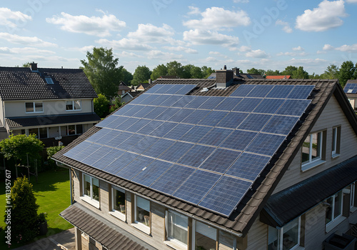 Wallpaper Mural Solar Panels on Residential House Roof, Renewable Energy, Sustainable Living, Eco-Friendly Home, Clean Power. Torontodigital.ca