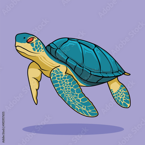 green sea turtle red eyes cartoon flat illustration, isolated sea creature concept, flat cartoon style
