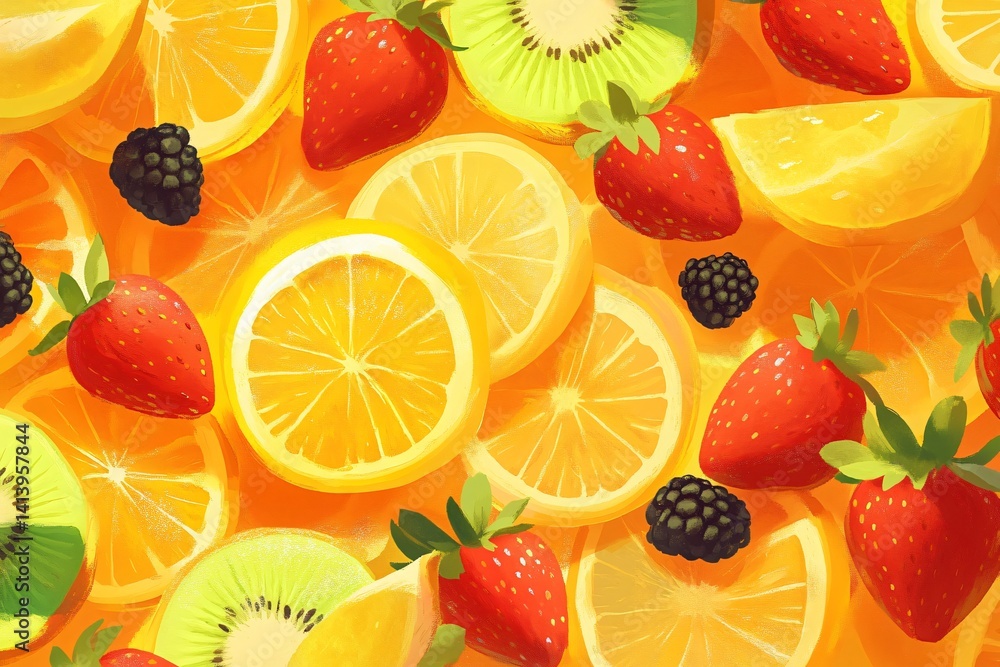 Vibrant Fruit Medley: A kaleidoscope of fresh, colorful fruit slices bursts forth in a lively, inviting composition. Featuring bright orange slices, succulent strawberries, tangy kiwi pieces. Vibrant Fruit Medley: A kaleidoscope of fresh, colorful fruit slices bursts forth in a lively, inviting composition. Featuring bright orange slices, succulent strawberries, tangy kiwi pieces.