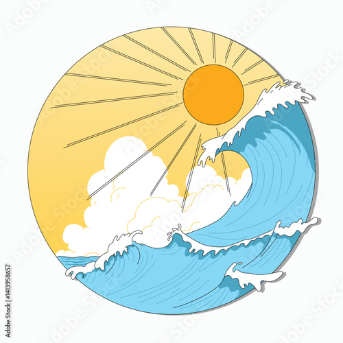 Illustration of big waves in summer with flat style, suitable for use as stickers or summer party invitation cards