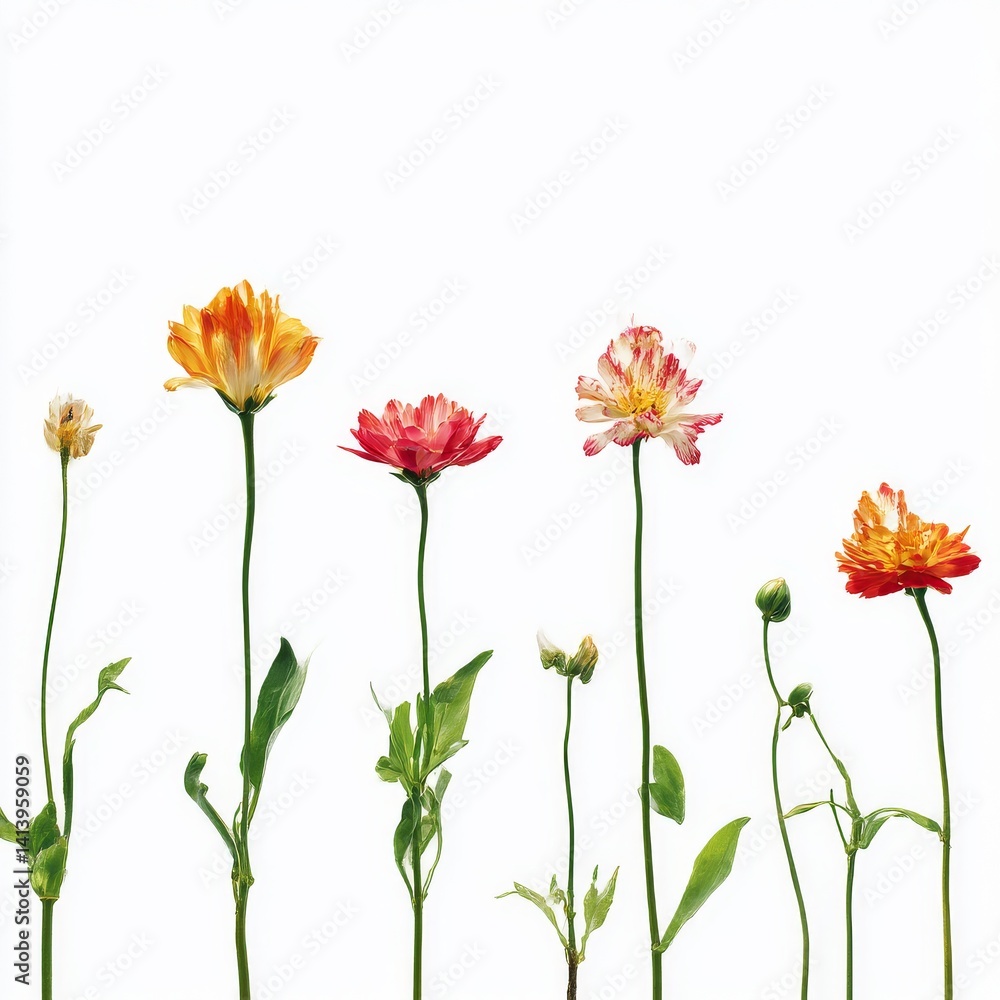 Obraz premium Different beautiful flowers in row isolated on white, set