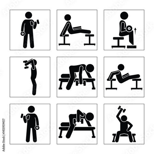 Pictogram Set Demonstrating Bicep Exercises With Dumbbells And Weight Bench Equipment Black And White