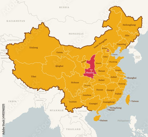 Map of Shannxi province, China, with country border, name, and capital
