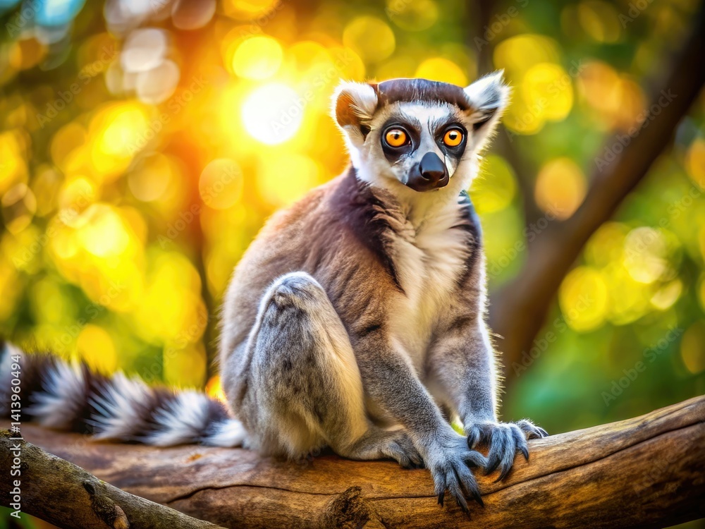Obraz premium Fluffy Lemur Sunbathing: High-Resolution Photo of Cute Ring-Tailed Lemur Relaxing in Sunlight