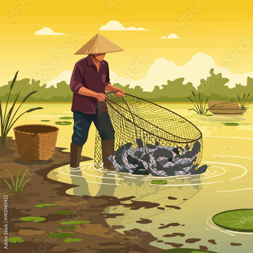 Fisherman Netting Fish in Rural River at Sunset