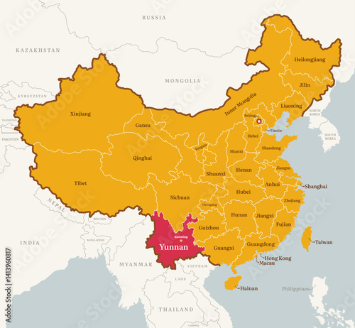 Map of Yunnan province, China, with country border, name, and capital