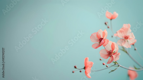 Delicate pink flowers bloom gently with a blue background