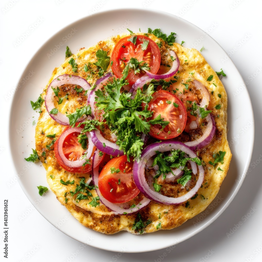 Omelet with tomato and onion rings on white background Omelet with tomato and onion rings on white background