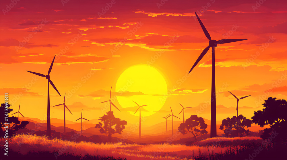 Sleek wind turbines spinning gracefully at sunset on modern wind farm, captured in rural landscape to highlight renewable energy solutions, sustainable power, and scenic environmental beauty.