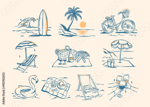 A pack of hand‑drawn summer beach icons featuring surfboard with wave, palm sunset, bicycle with flower basket, deck chair umbrella