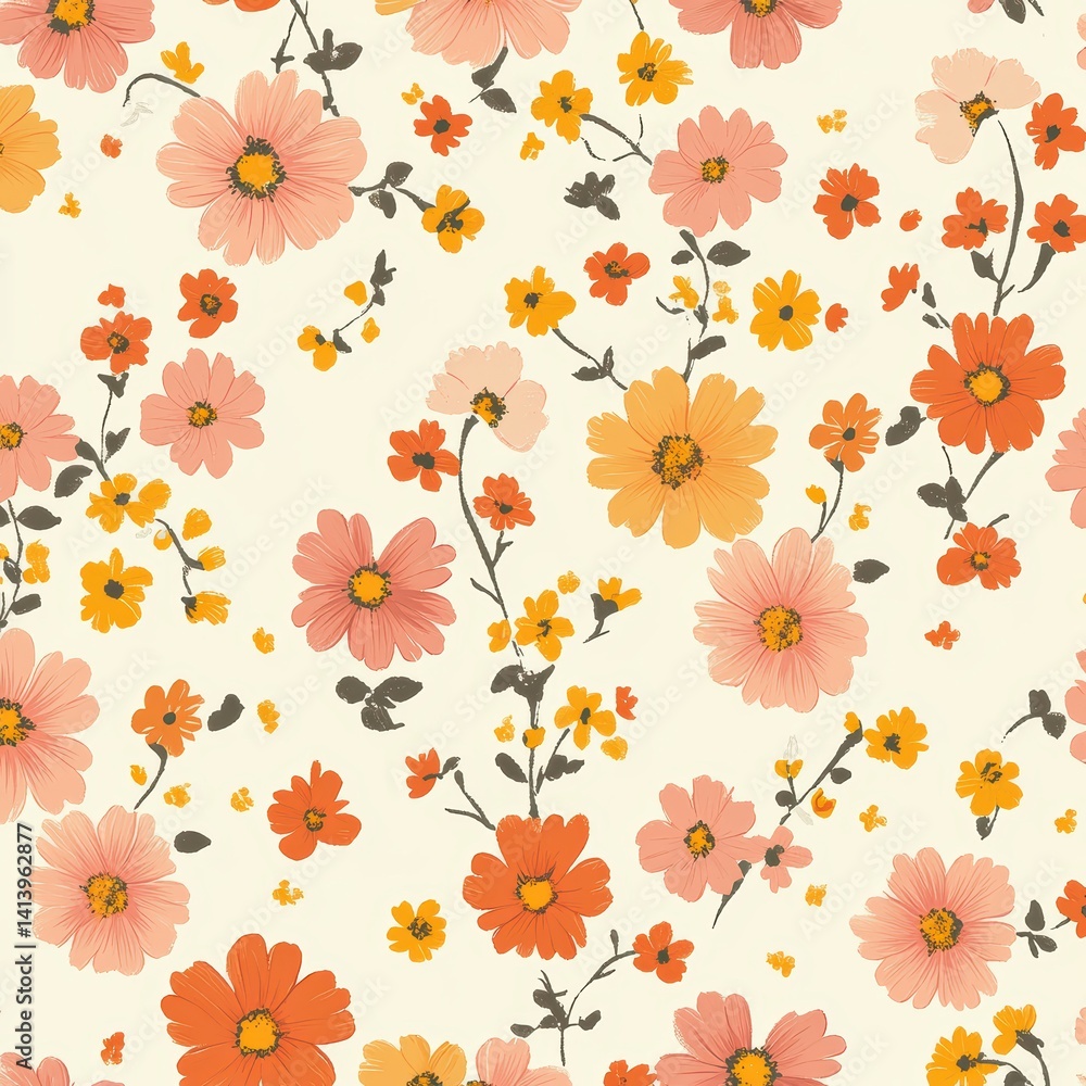 Obraz premium Floral Pattern with Pink, Yellow, and Orange Flowers on Cream Background