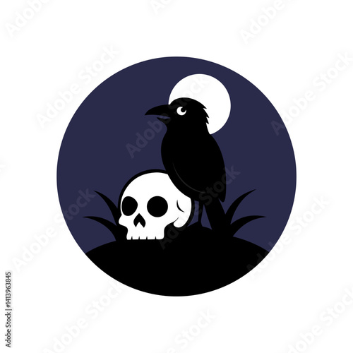 Black raven perched on skull in dark graveyard design