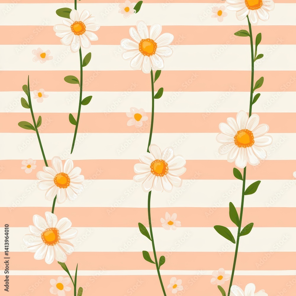 Naklejka premium Floral Pattern with Daisies on Soft Peach and White Stripes