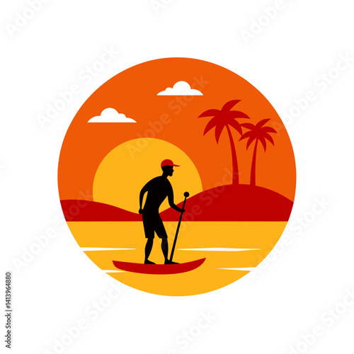 Paddleboarder on calm sea at tropical sunset