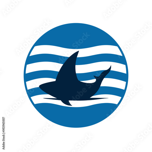 Shark silhouette in circular vintage ocean scene