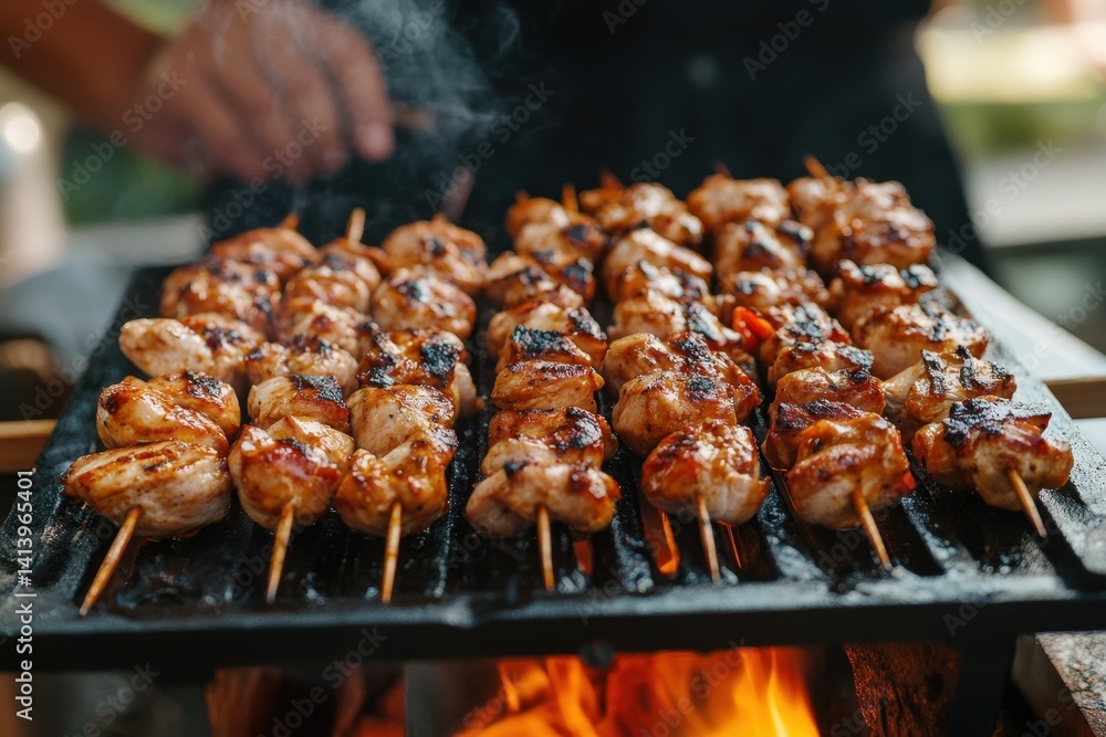 Grilled chicken satay skewers served with rich peanut sauce at a vibrant outdoor market, Authentic chicken satay skewers with peanut sauce Camera slider shot Grilled chicken satay skewers served with rich peanut sauce at a vibrant outdoor market, Authentic chicken satay skewers with peanut sauce Camera slider shot