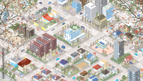 雪が降る冬の街並みのイラスト. アイソメ図. 