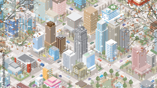 雪が降る冬の街並みのイラスト. アイソメ図. 