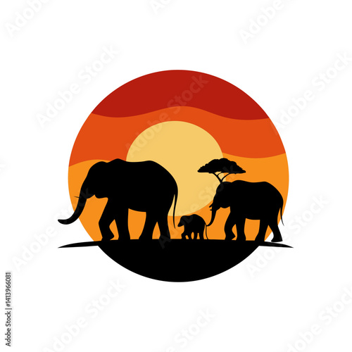 Elephant Family Walking Sunset Silhouette