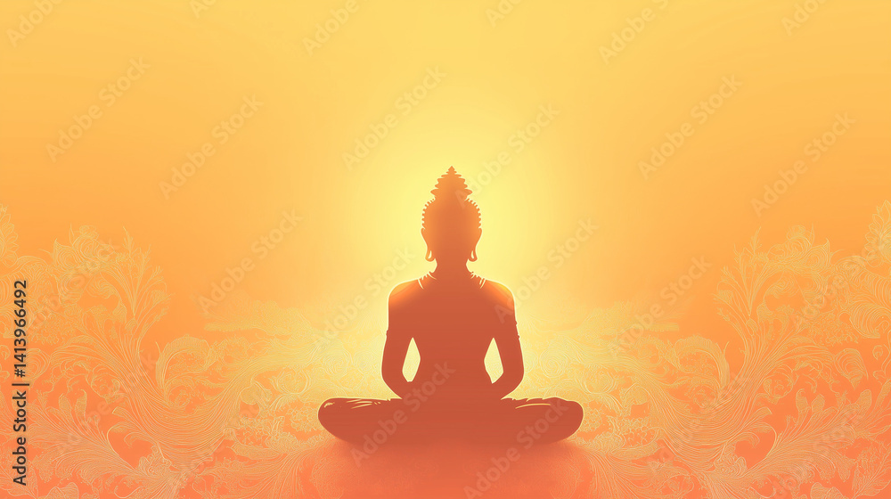 Banner wallpaper with illustration of Lord Vinayaka in graceful sitting pose, gold to orange gradient background with glowing effect Banner wallpaper with illustration of Lord Vinayaka in graceful sitting pose, gold to orange gradient background with glowing effect